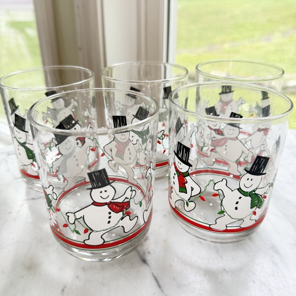 VTG Libbey Dancing Snowmen Christmas Glasses Set 5 Holiday Barware Rocks Glass